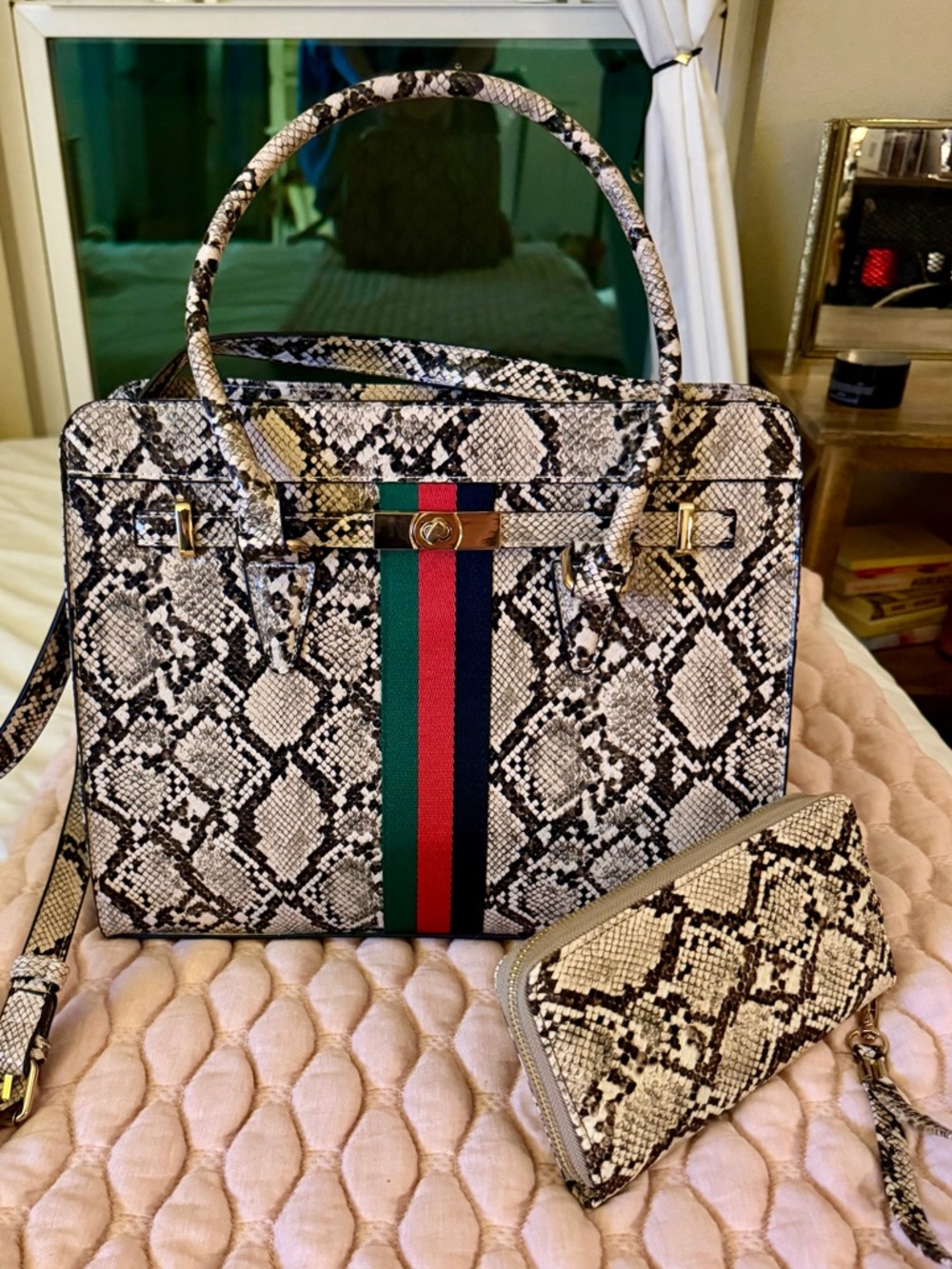 Versona Snake-Pattern Top Handle Bag with Matching Wallet